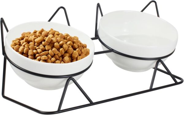 Elevated Tilted Cat Bowls for Indoor Cats??Raised Ceramic Cat Bowl Elevated 15??,Pet Feeding Bowls for Food and Water Anti Vomiting Bowl(Double Ceramics and Tilt Shelf) Suitable