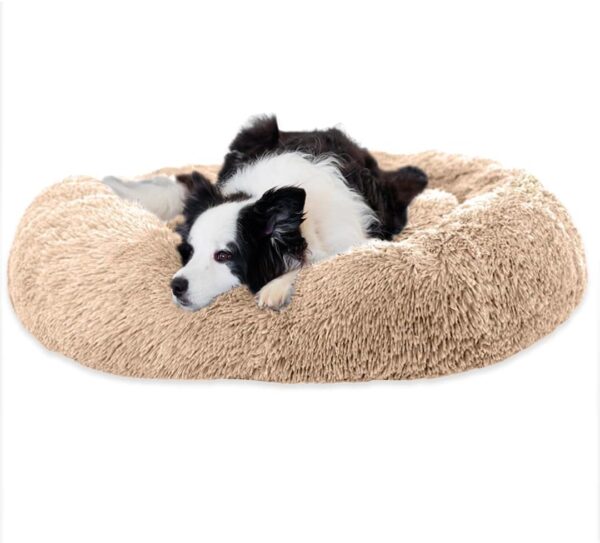 BROOKLYN Calming Donut Dog Bed (60cm-100cm) - Anti-Anxiety, Machine Washable, Ultra Soft, Faux Fur Pet Bed ?C Made For Small, Medium, Large and XL Dogs (Beige, Small)