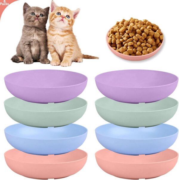 [8-Pieces] Fatigue Cat Bowl - 5.5 Inch Shallow Cat Food Dish Wide Cats Wet Feeding Bowls, PET Plate for Kittens and Short Legged Cats (Type-A Normal Bowls)